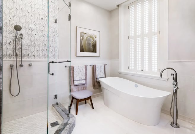 Elegant bathroom with glass shower and freestanding tub in Greater Boston