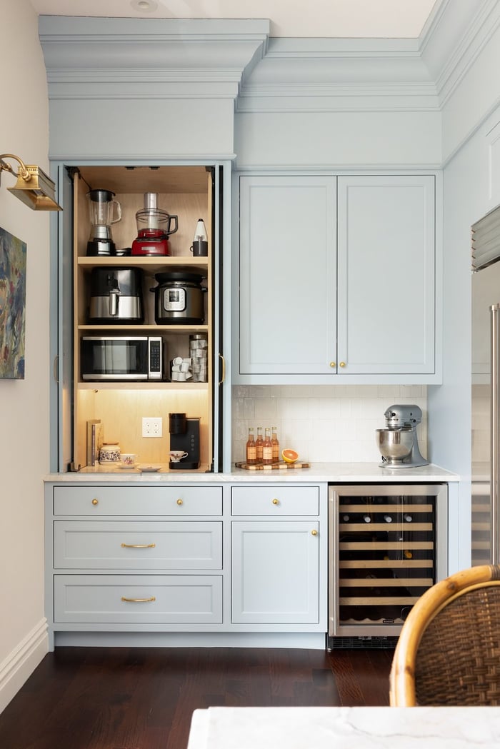 keshian kitchen remodel appliance pantry cabinet open wine fridge blue cabinetry