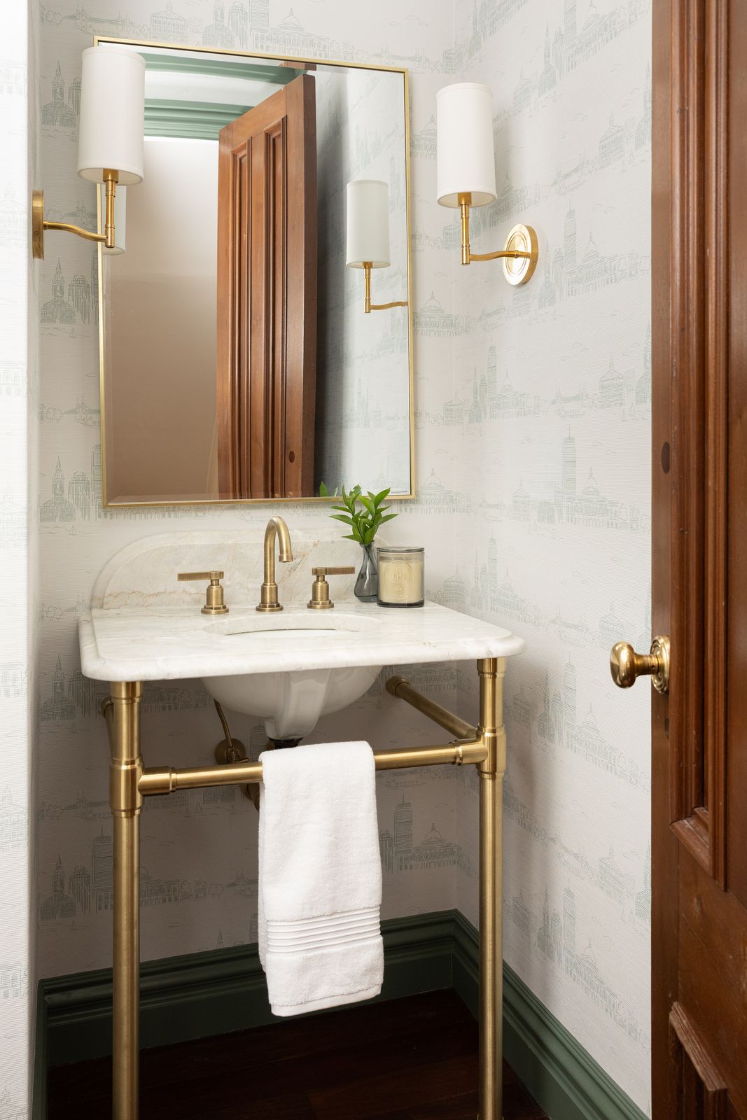 keshian kitchen remodel powder room marble console sink brass fixtures city wallpaper