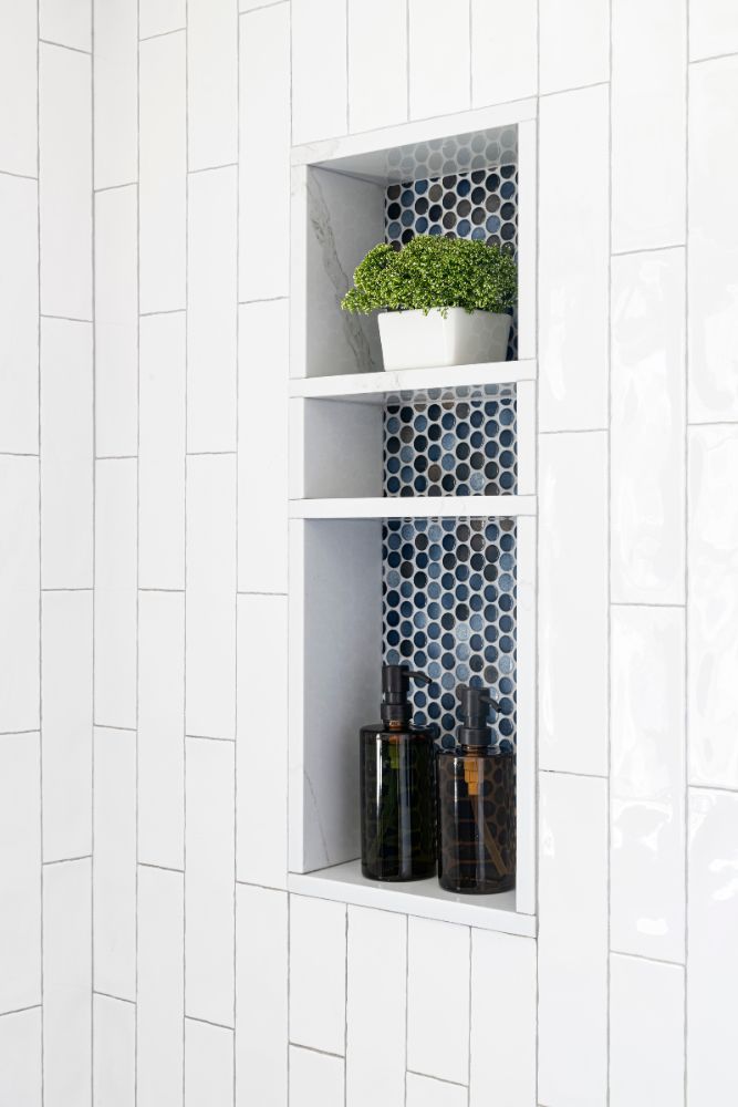 shower penny tile alcove white tile